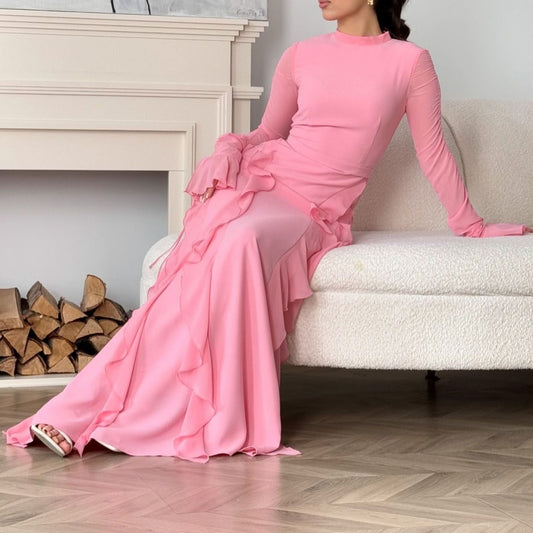 Luxury High Collar Princess Dress – Elegant Long Ruffled Gown