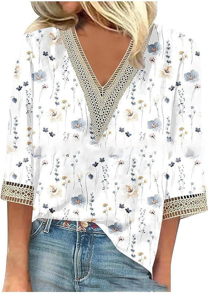 Wear Loose New Floral Print Stitching Lace Half Sleeve V-neck T-shirt