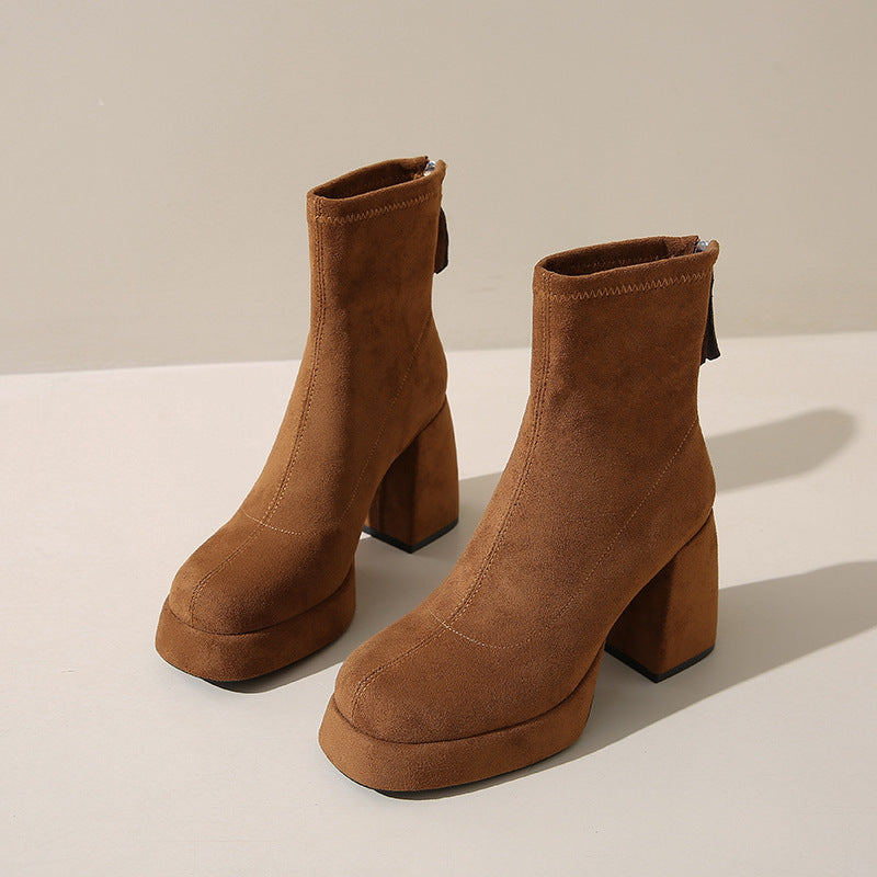 Fashion Suede Block Heel Boots – Women’s Back Zipper Ankle Boots