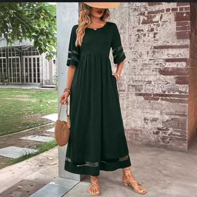 Women’s Casual Mesh Patchwork Maxi Dress with Pockets – Round Neck, 3/4 Sleeve
