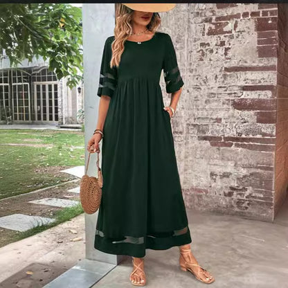 Women’s Casual Mesh Patchwork Maxi Dress with Pockets – Round Neck, 3/4 Sleeve