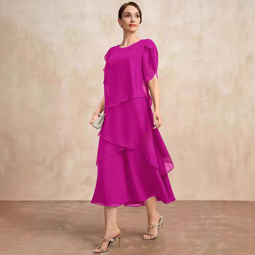 Women’s Layered Chiffon Loose Fit Dress – Elegant Belly Covering Plus Size Outfit