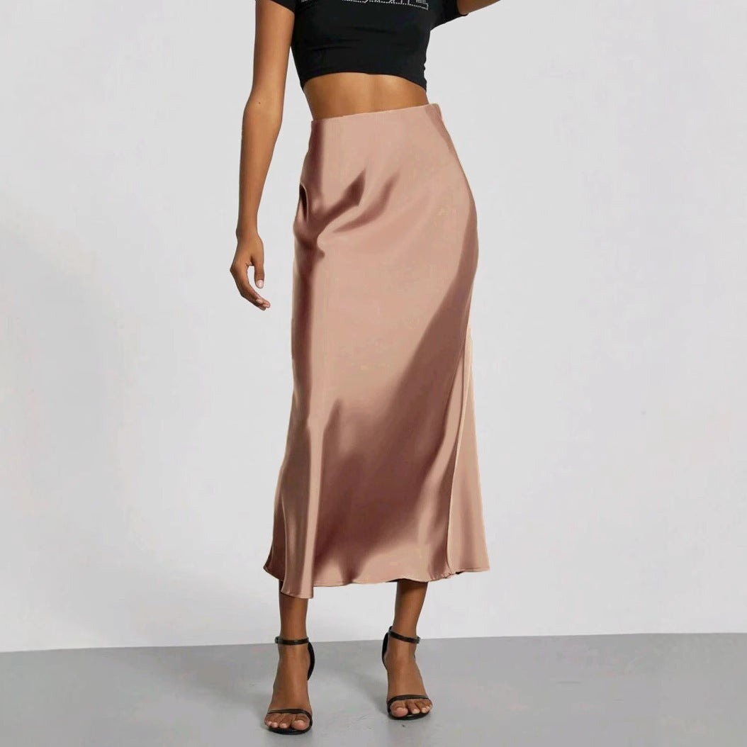 Women’s Slim Fit Satin Skirt – Chic Solid High Waist Long Skirt