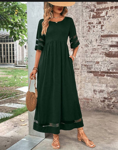 Women’s Casual Mesh Patchwork Maxi Dress with Pockets – Round Neck, 3/4 Sleeve