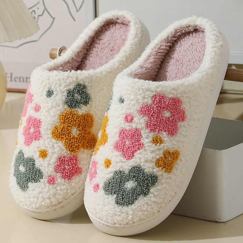 Women’s Warm Indoor Cotton Slippers – Colorful Floral Anti-Slip Winter House Shoes
