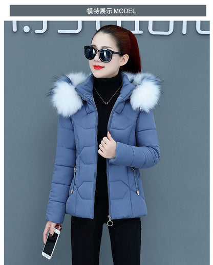 Women’s Short Cotton Padded Winter Jacket – Slim Fit with Fur Hood