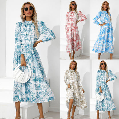 Women’s Round Neck Printed Loose Midi Dress – Casual & Elegant Style