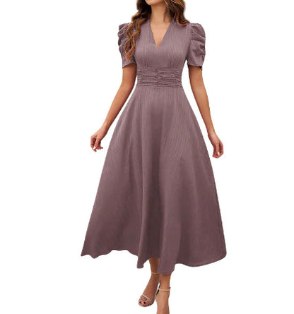 Spring & Summer Elegant Solid Color Dress – Waist-Tight Maxi Dress for Women