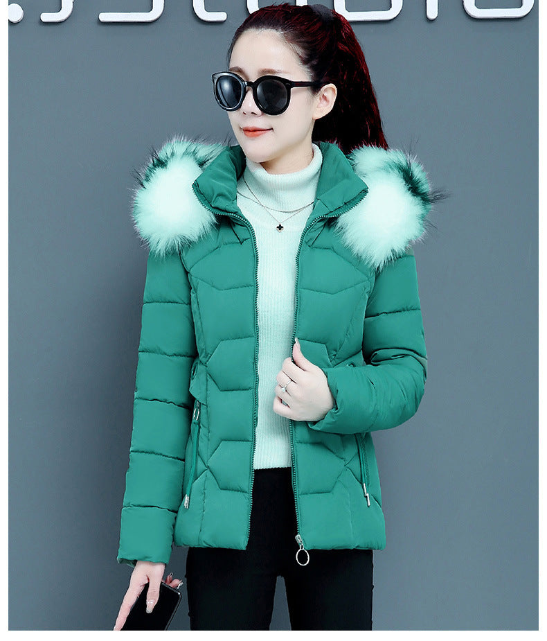 Women’s Short Cotton Padded Winter Jacket – Slim Fit with Fur Hood