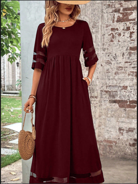 Women’s Casual Mesh Patchwork Maxi Dress with Pockets – Round Neck, 3/4 Sleeve