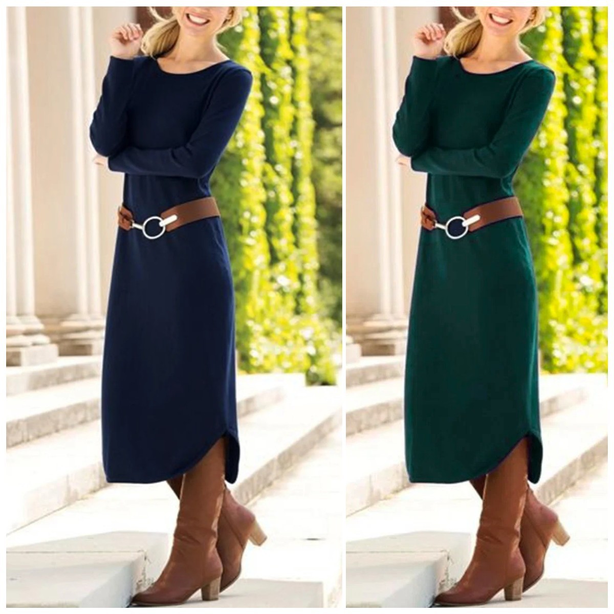 Women’s Solid Color Long Sleeve Midi Dress – Casual & Office Wear