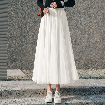 Women’s Pleated Mesh Midi Skirt – Elegant High Waist Swing Tulle Skirt