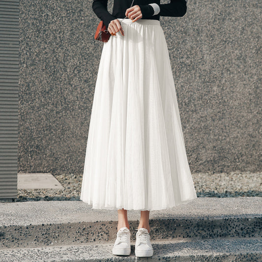 Women’s Pleated Mesh Midi Skirt – Elegant High Waist Swing Tulle Skirt