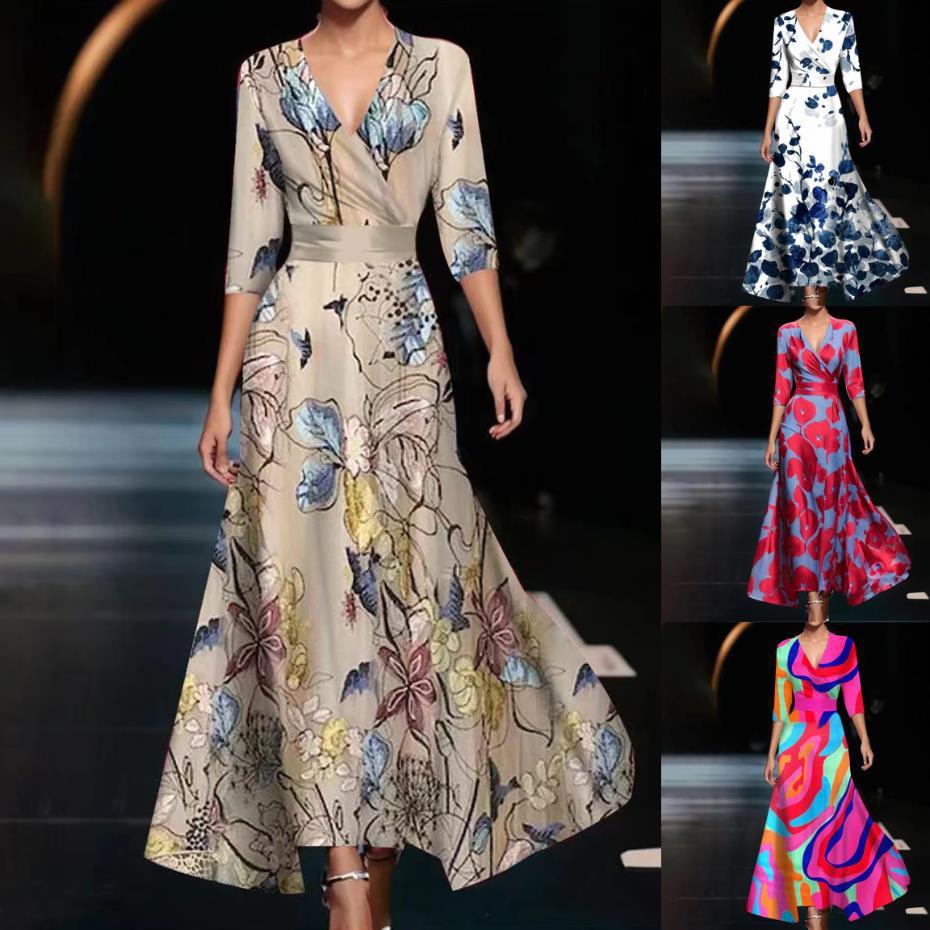 Women’s Cross V-Neck 3/4 Sleeve Floral Maxi Dress