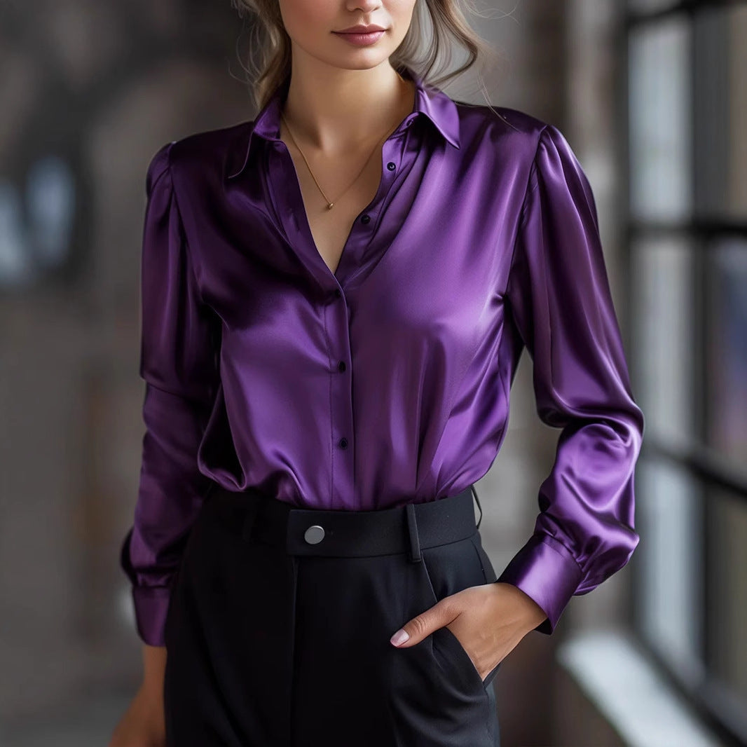 Women’s Satin Loose Shirt – Elegant Casual Long Sleeve Blouse