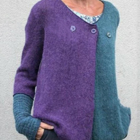Women’s Contrast Color Casual Knitted Top – Vintage Button Long Sleeve Pullover
