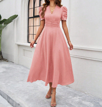 Spring & Summer Elegant Solid Color Dress – Waist-Tight Maxi Dress for Women