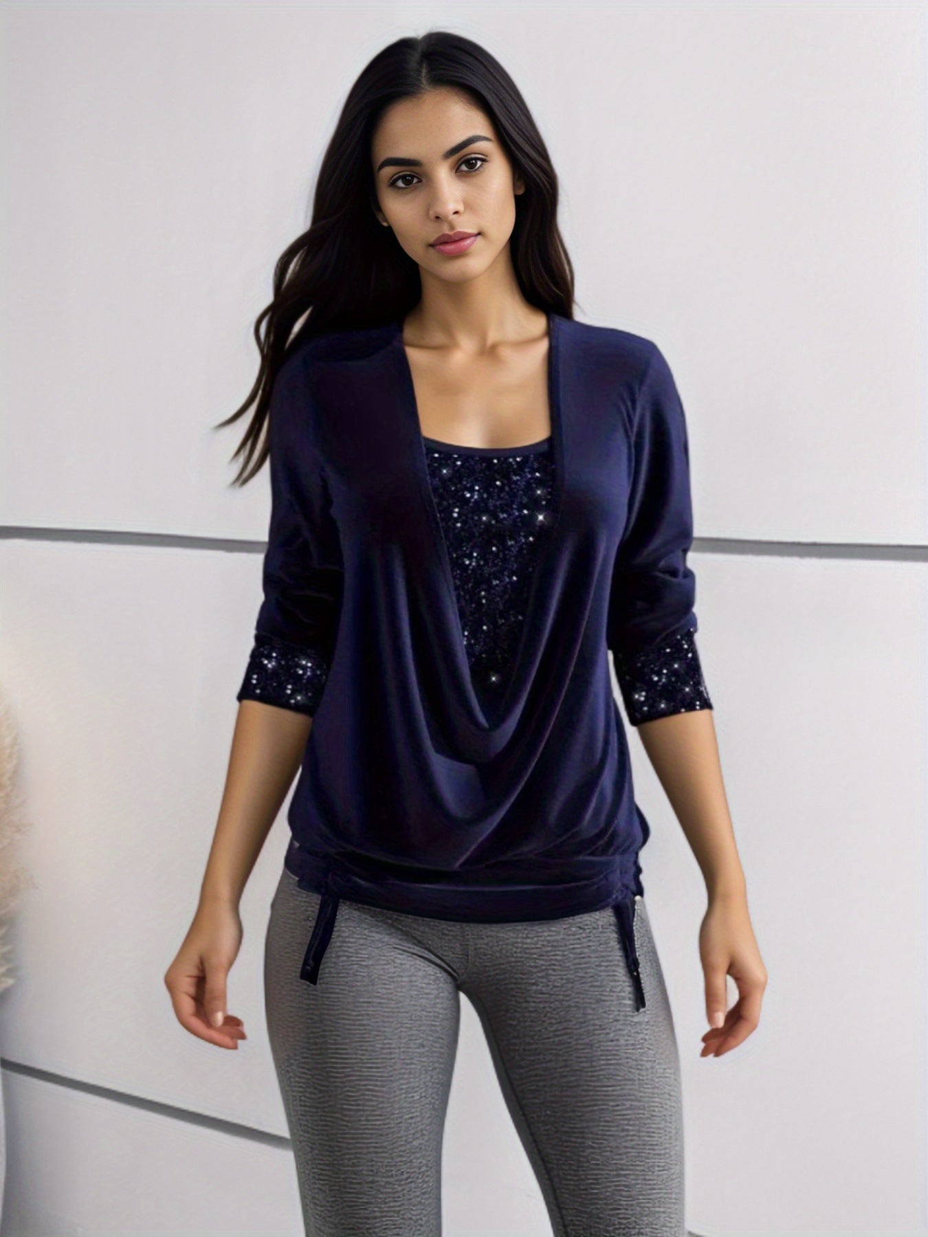 Women’s Sequin Contrast Loose Top – Drop Collar Long Sleeve Blouse