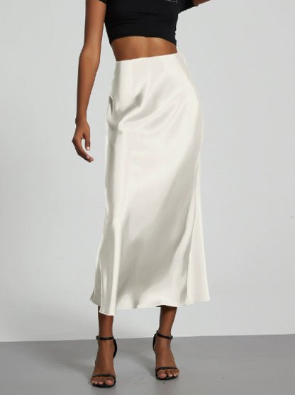 Women’s Slim Fit Satin Skirt – Chic Solid High Waist Long Skirt
