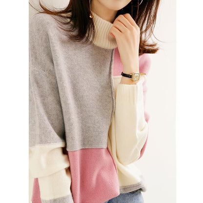 Women’s Contrast Color Loose Pullover Sweater – Half Turtleneck Knit Winter Top