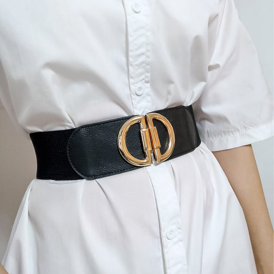 Women’s Elastic Wide Belt with Gold Buckle – Fashion Waist Cincher