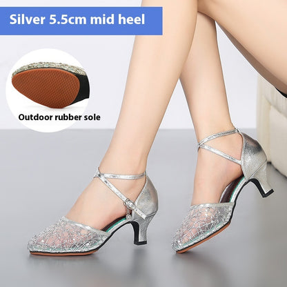 Women’s Latin Dance Shoes – Mid-Heel Elegant Lace Pumps for Summer Parties & Performances