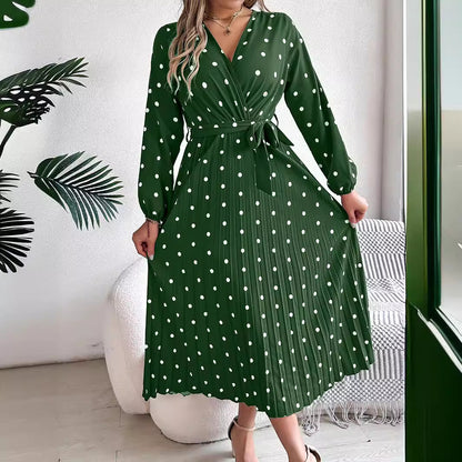 Women’s Polka Dot Long Sleeve Wrap Maxi Dress – Elegant Pleated V-Neck