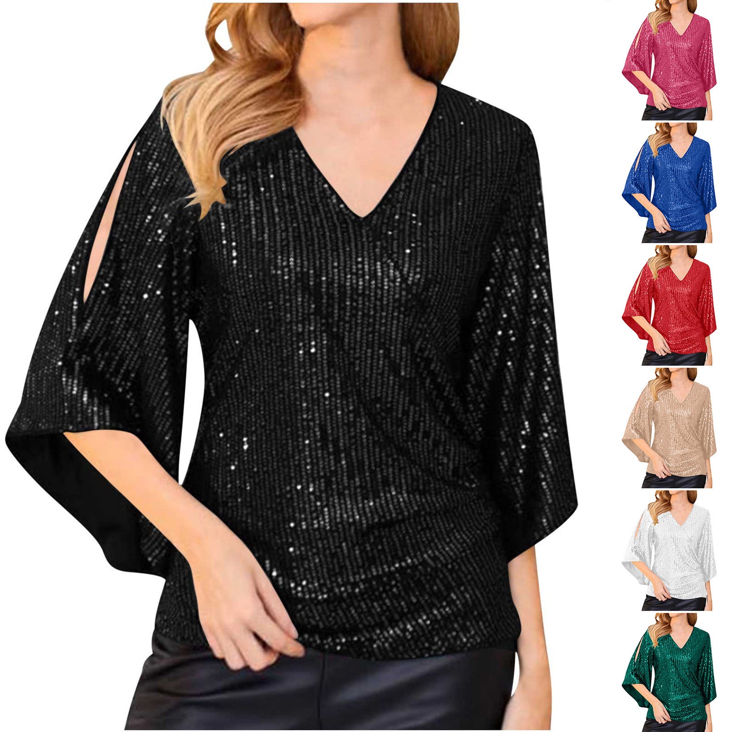 Women’s Sequined Party Top – Loose Mid-Length Short Sleeve Blouse