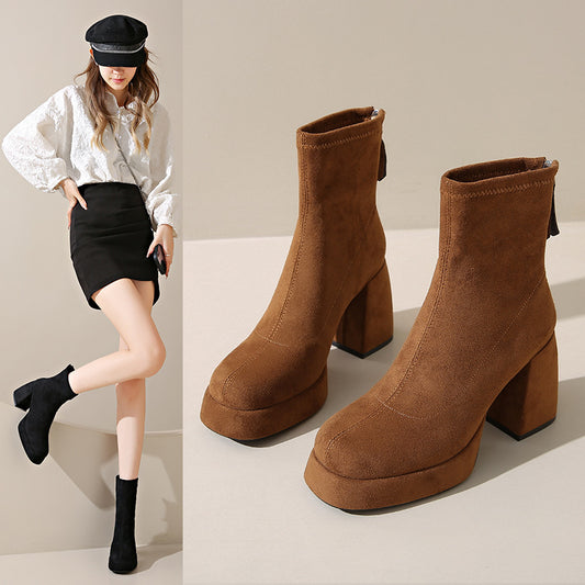 Fashion Suede Block Heel Boots – Women’s Back Zipper Ankle Boots