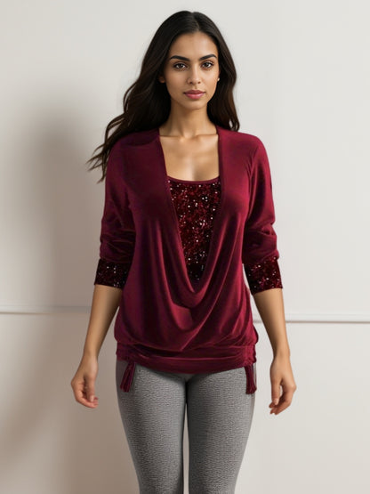 Women’s Sequin Contrast Loose Top – Drop Collar Long Sleeve Blouse