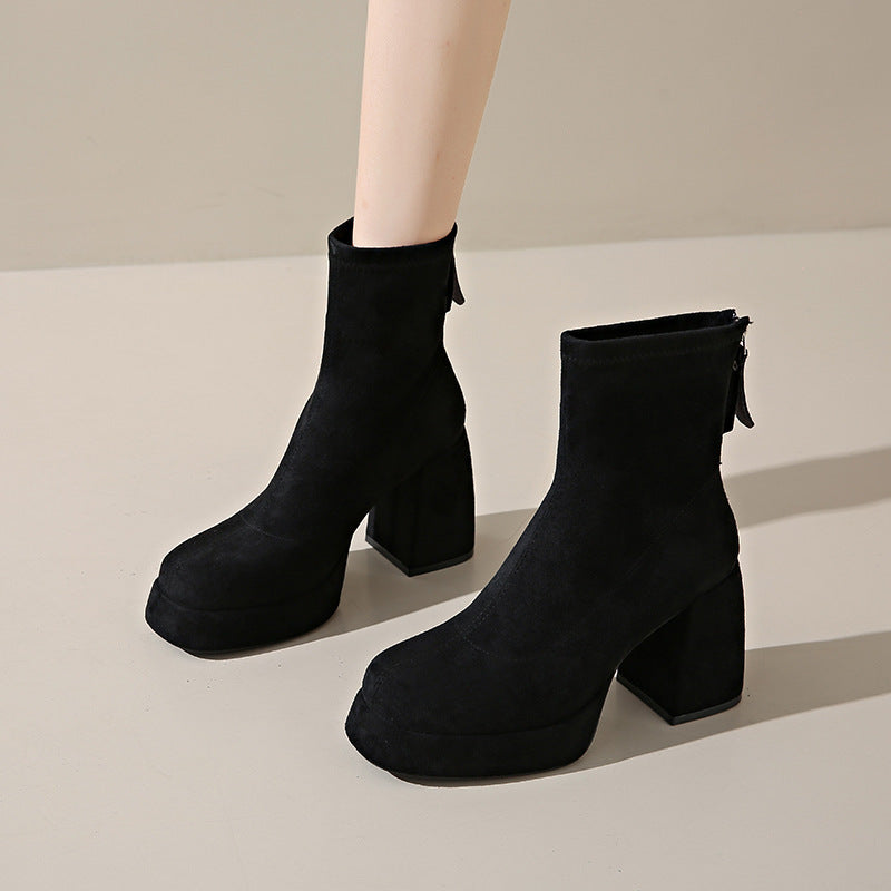 Fashion Suede Block Heel Boots – Women’s Back Zipper Ankle Boots