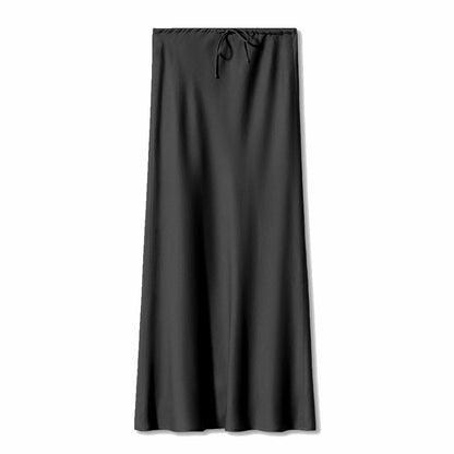 Women’s High Waist Satin Maxi Skirt – Elegant Drawstring Slip Skirt