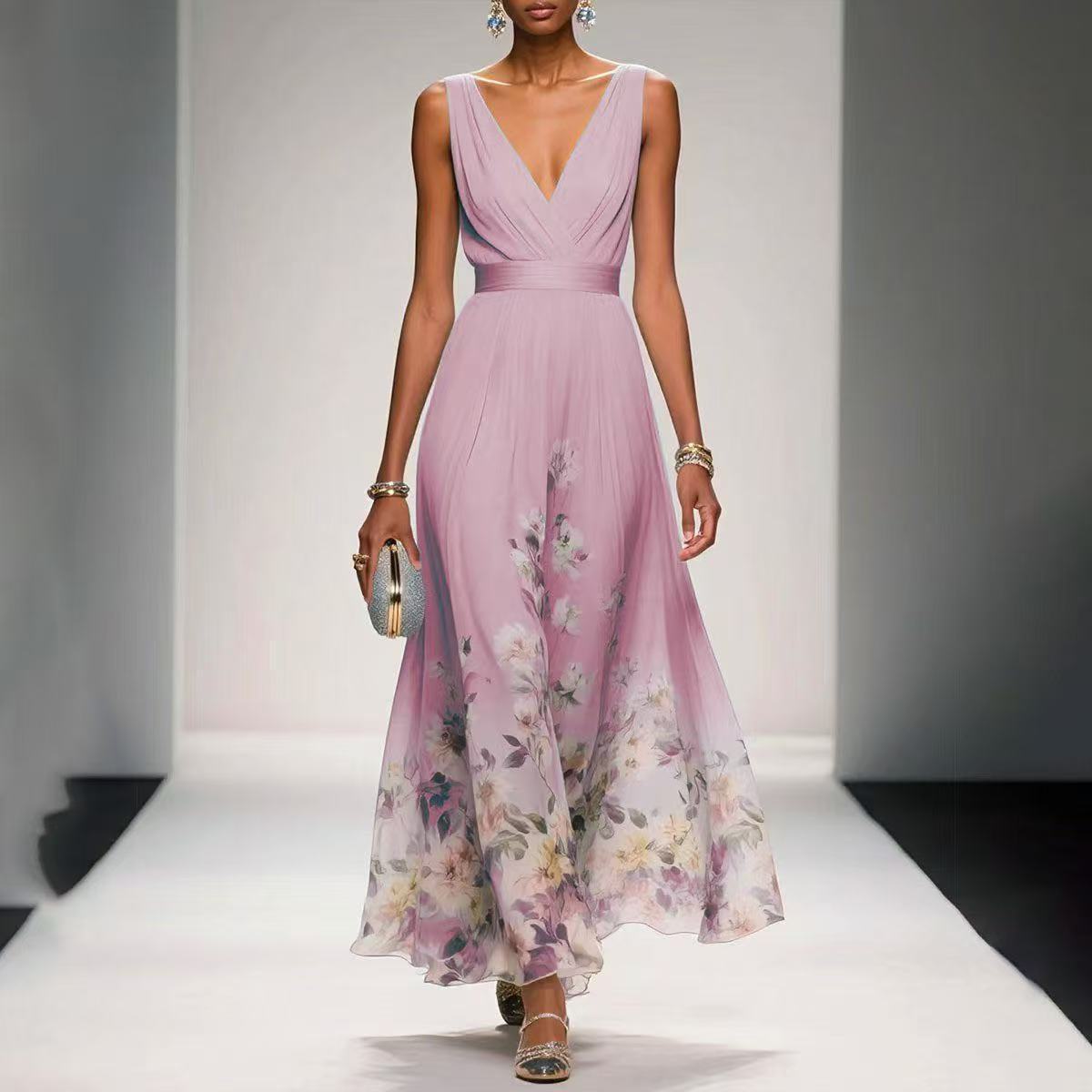 Elegant Chiffon Floral Print Maxi Dress – Sleeveless V-Neck Summer Party Wear