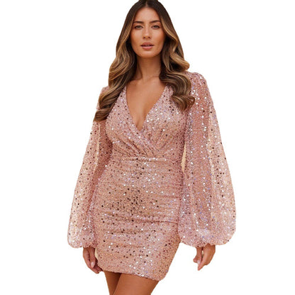 Women’s Sequin Bodycon Mini Dress – Long Sleeve V-Neck Party Outfit