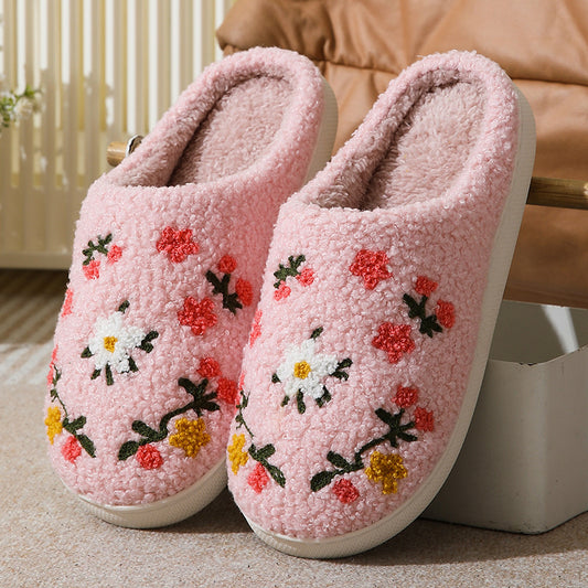 Women’s Warm Indoor Cotton Slippers – Colorful Floral Anti-Slip Winter House Shoes