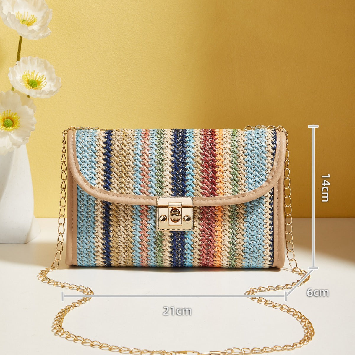 Woven Rainbow Crossbody Bag – Trendy Square Sling Bag with Gold Chain