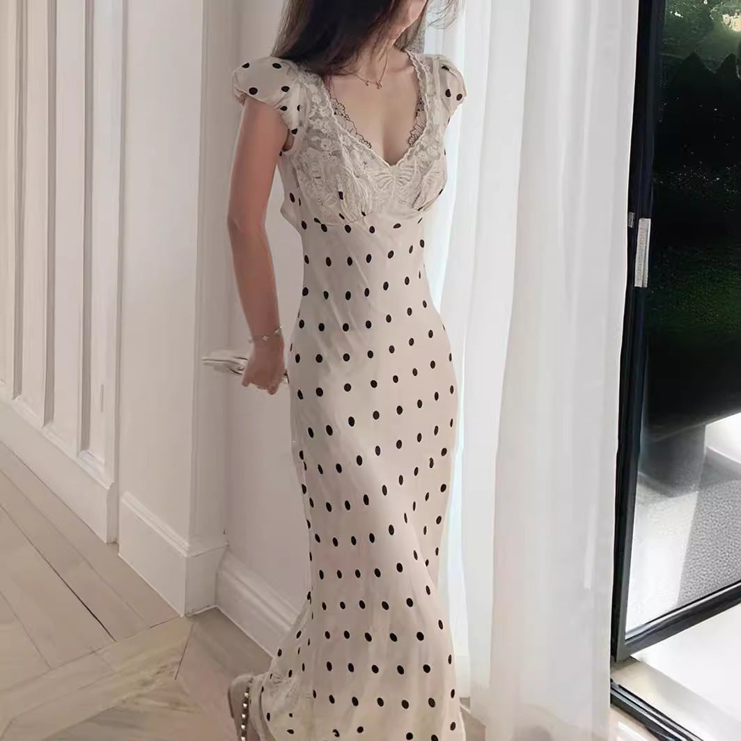 Lace V-Neck Polka Dot Maxi Dress – Elegant Slim Fit Evening Dress for Women