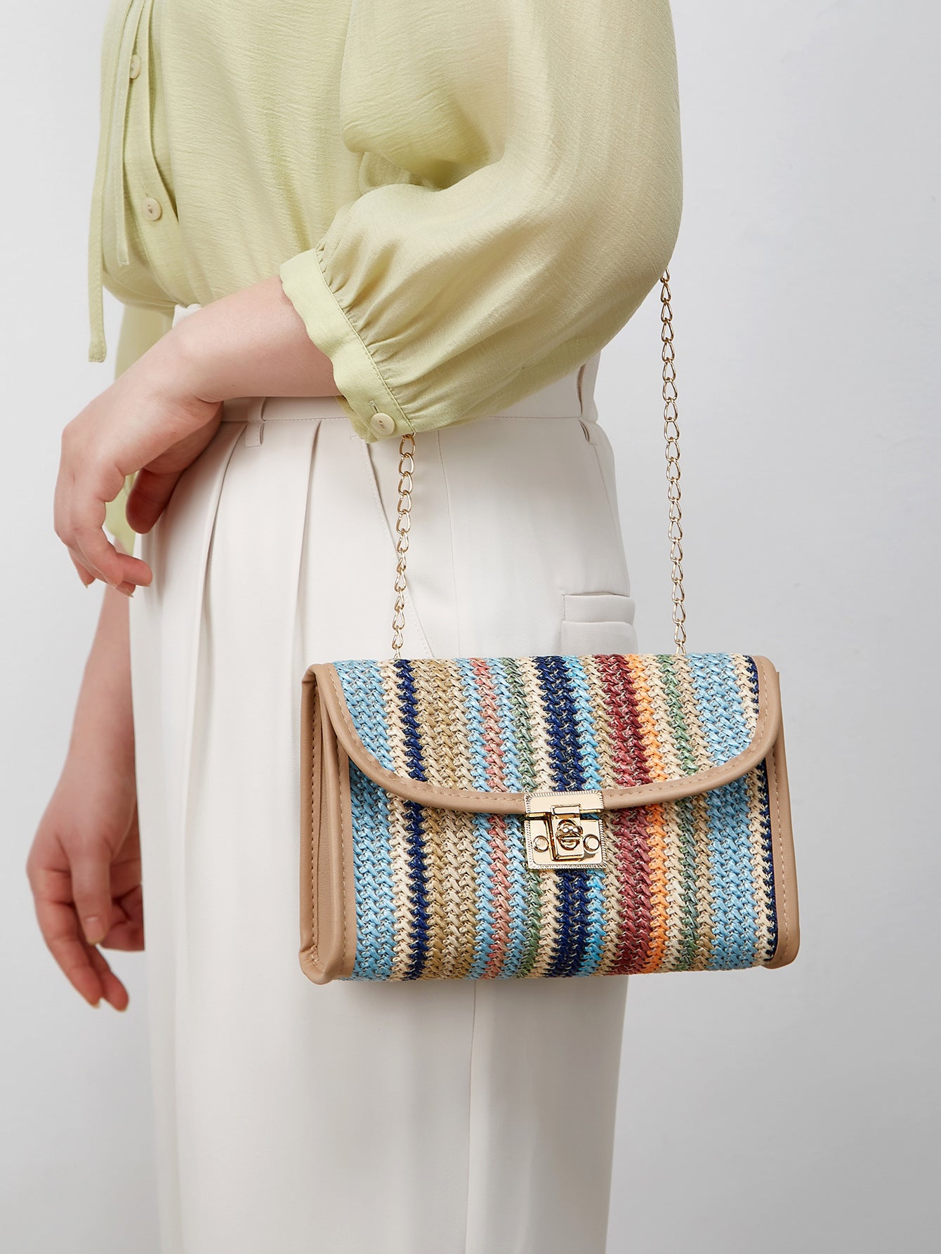 Woven Rainbow Crossbody Bag – Trendy Square Sling Bag with Gold Chain