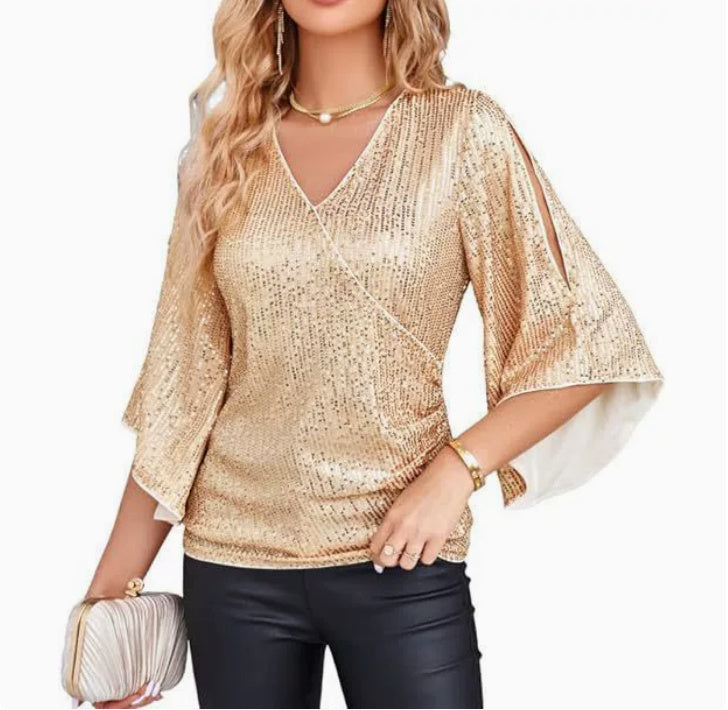 Women’s Sequined Party Top – Loose Mid-Length Short Sleeve Blouse