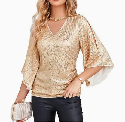 Women’s Sequined Party Top – Loose Mid-Length Short Sleeve Blouse