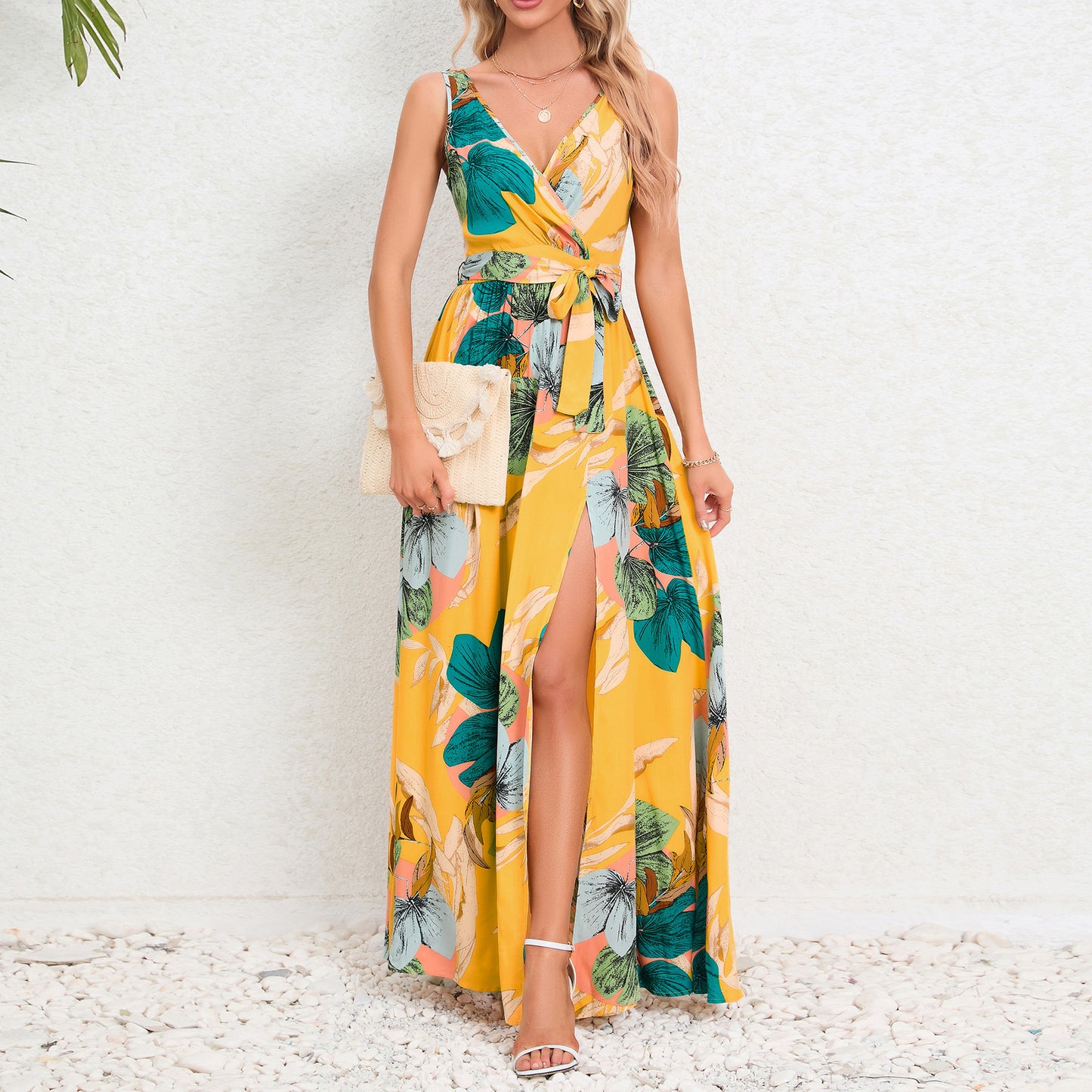 V-neck Floral Print Summer Maxi Dress – Sleeveless Slit Long Beach Dress for Women