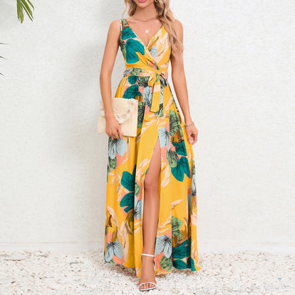 V-neck Floral Print Summer Maxi Dress – Sleeveless Slit Long Beach Dress for Women