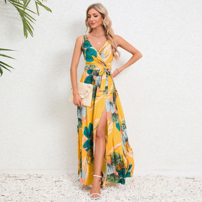 V-neck Floral Print Summer Maxi Dress – Sleeveless Slit Long Beach Dress for Women