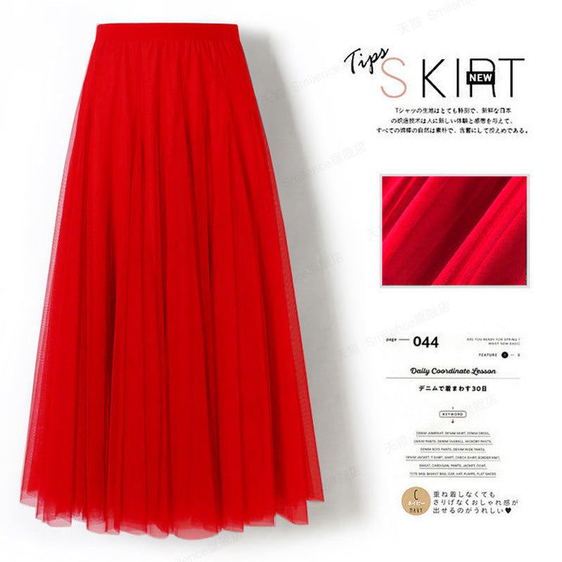 Women’s Pleated Mesh Midi Skirt – Elegant High Waist Swing Tulle Skirt