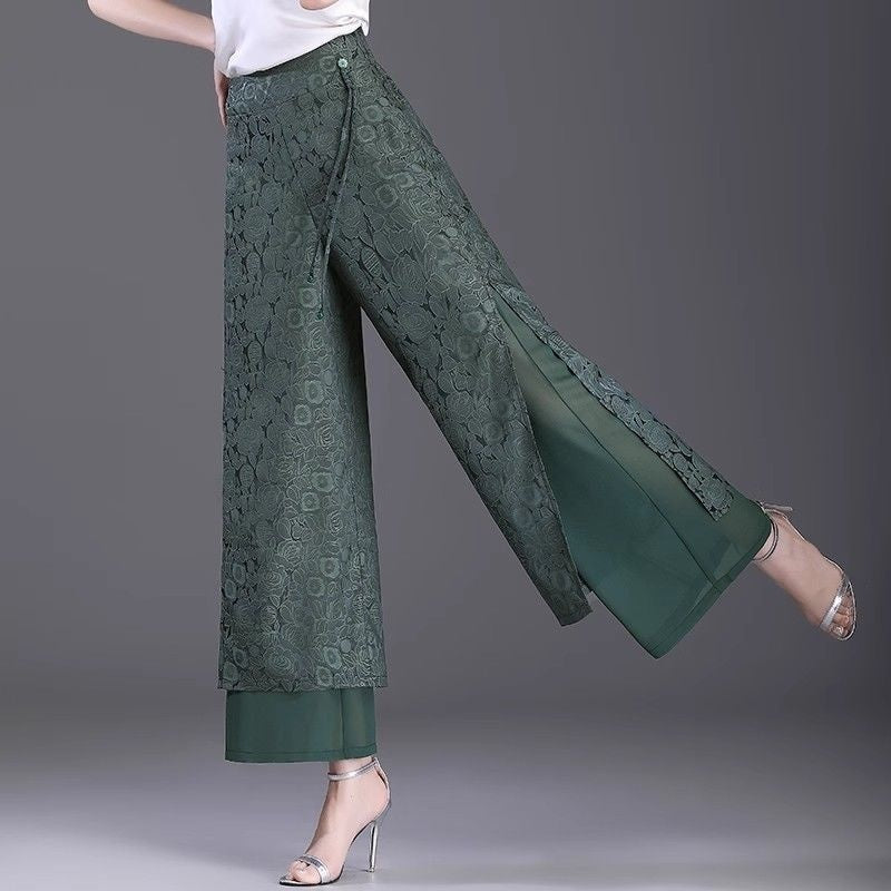 Women’s Chinese Style Split Pants – High Waist Loose Wide Leg Trousers