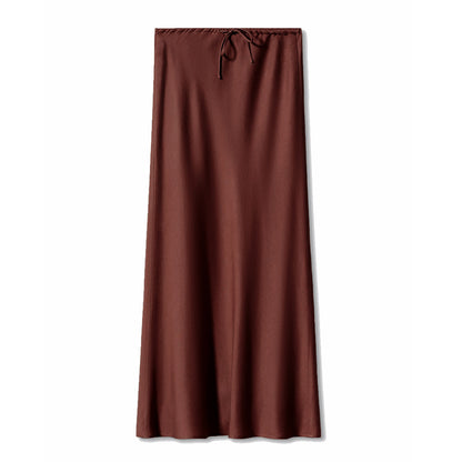 Women’s High Waist Satin Maxi Skirt – Elegant Drawstring Slip Skirt