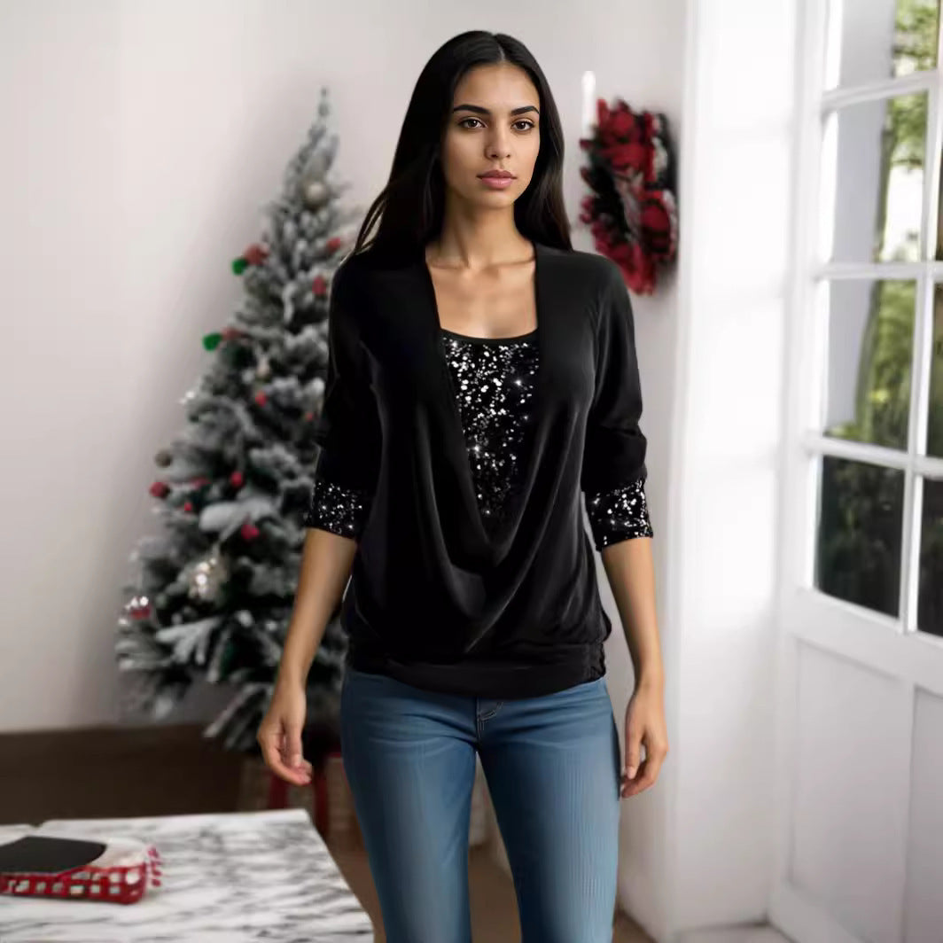 Women’s Sequin Contrast Loose Top – Drop Collar Long Sleeve Blouse