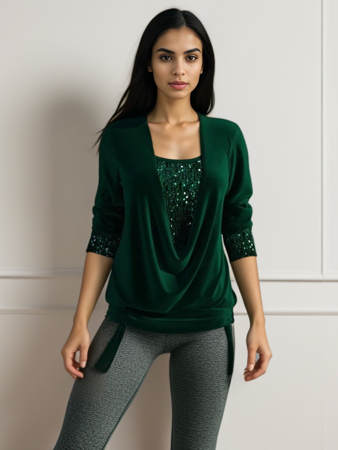 Women’s Sequin Contrast Loose Top – Drop Collar Long Sleeve Blouse