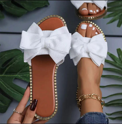 Women’s Rhinestone Bowknot Flat Slippers – Summer Casual Sandals