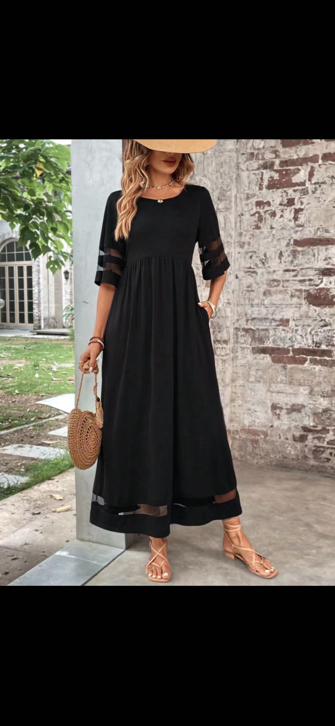 Women’s Casual Mesh Patchwork Maxi Dress with Pockets – Round Neck, 3/4 Sleeve